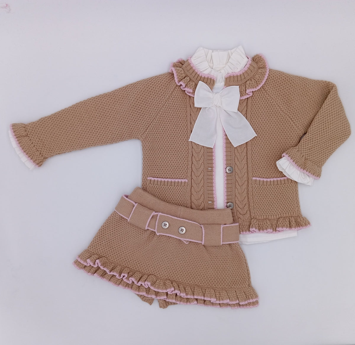 Rahigo camel & pink 3 piece older girls skirt set