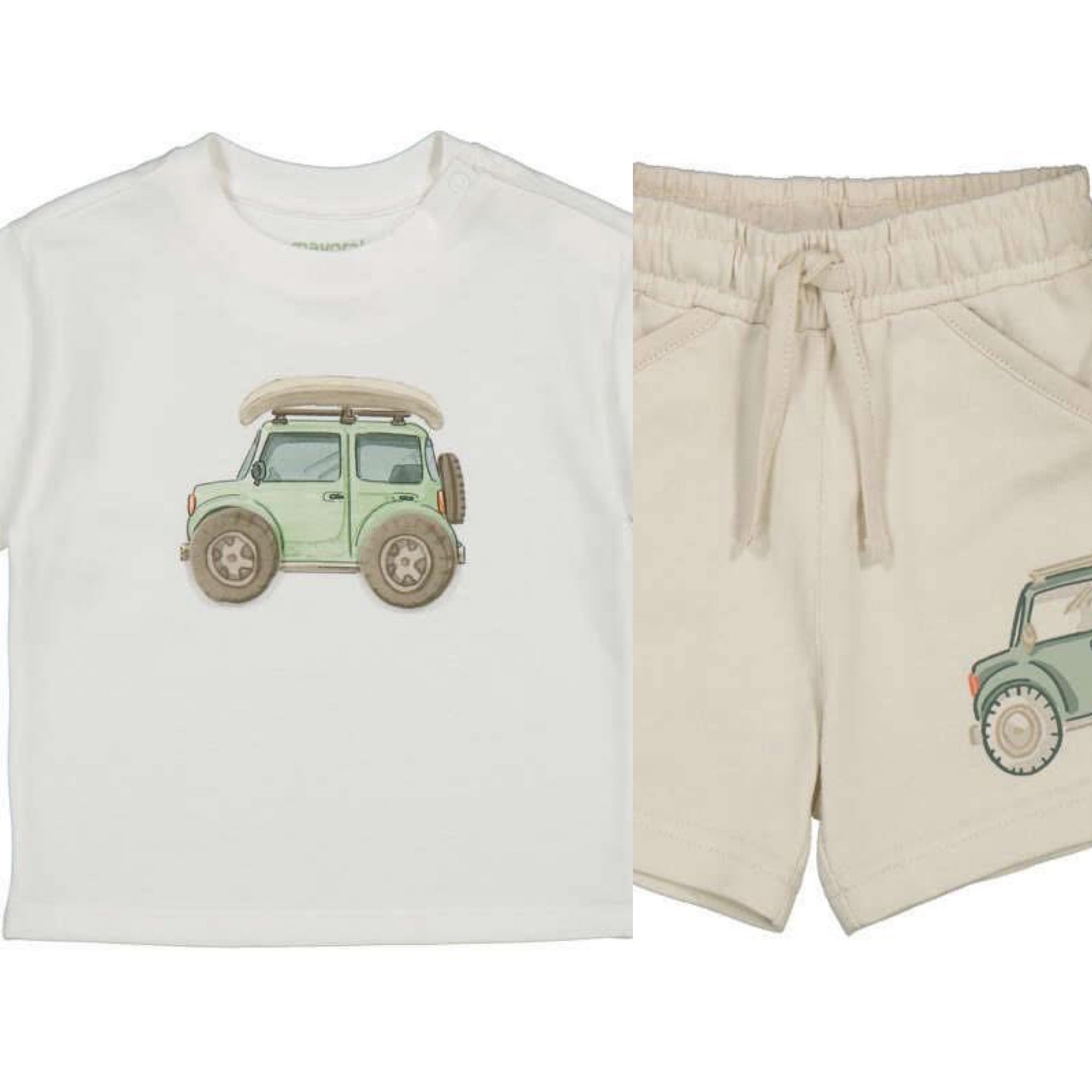 Mayoral boys cream car t shirt & shorts  1.1011
