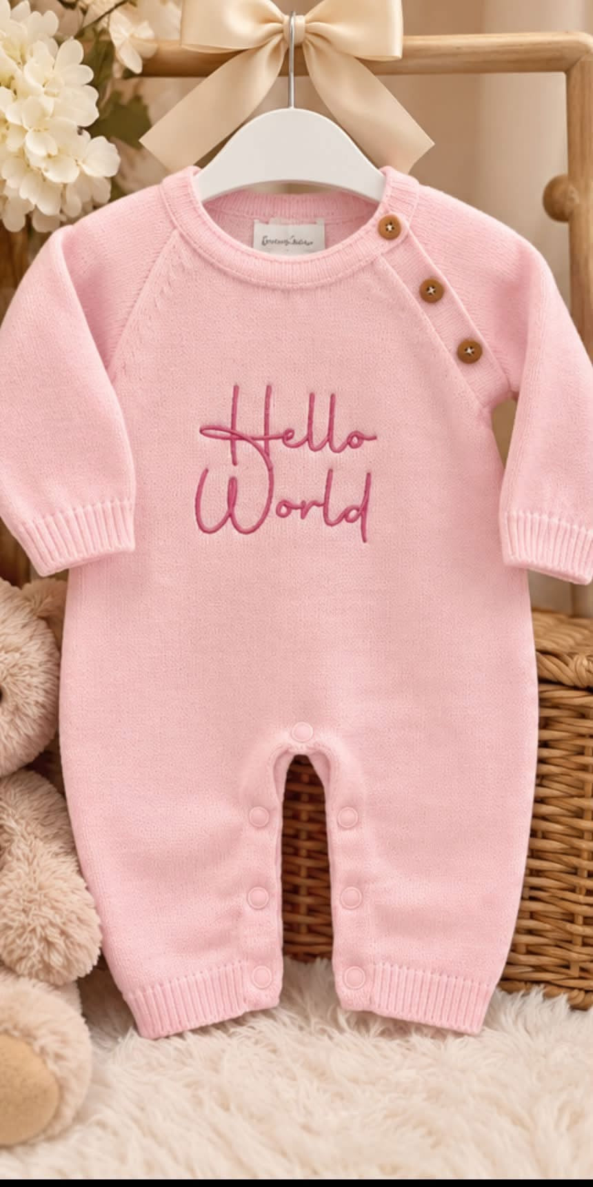 Dandelion hello world knitted outfits white, pink , blue
