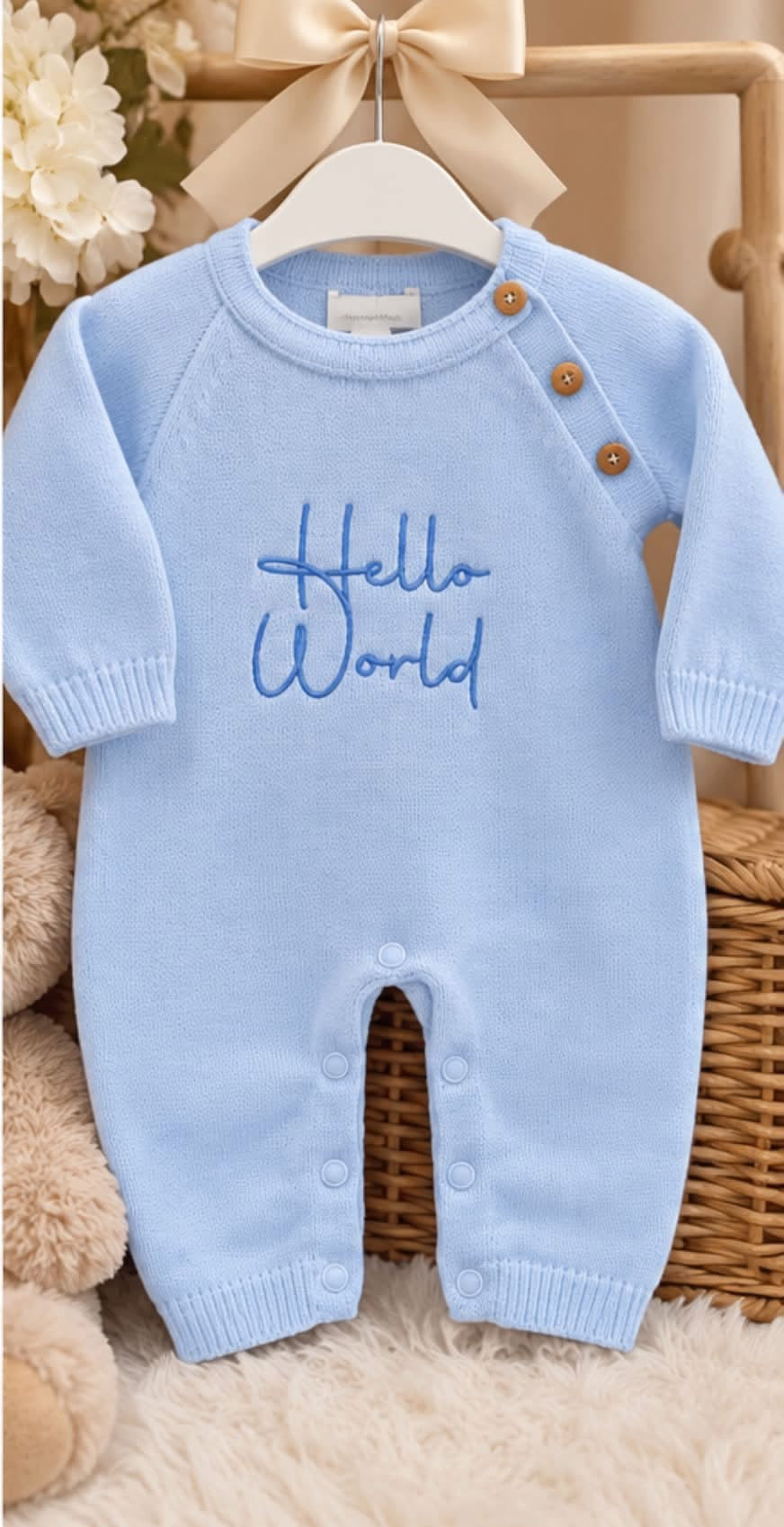 Dandelion hello world knitted outfits white, pink , blue