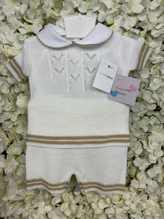 Little Nosh white & beige knitted shorts set