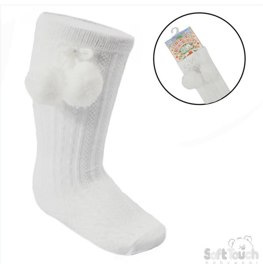 Soft touch white knee high pom pom socks