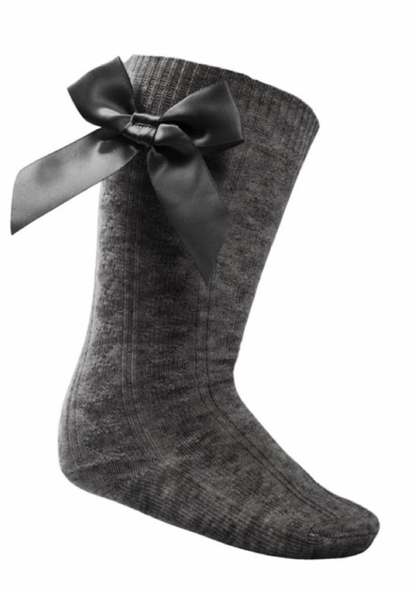 Soft touch dark grey knee high bow socks