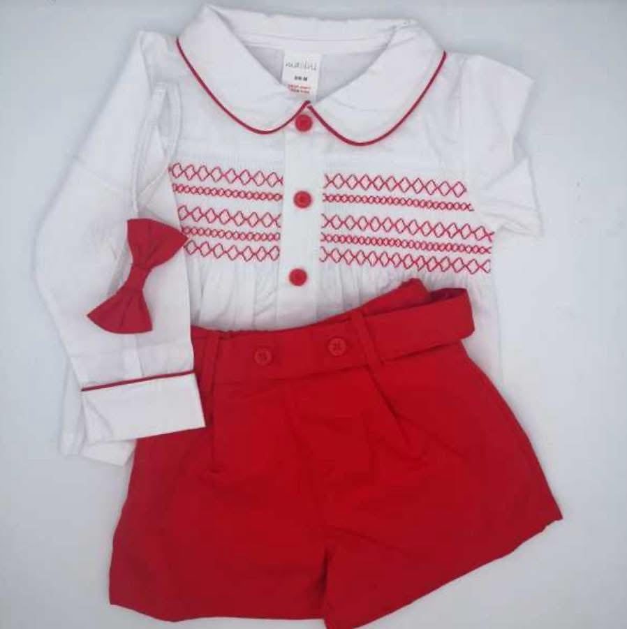 Mabini boys red smocked shorts set