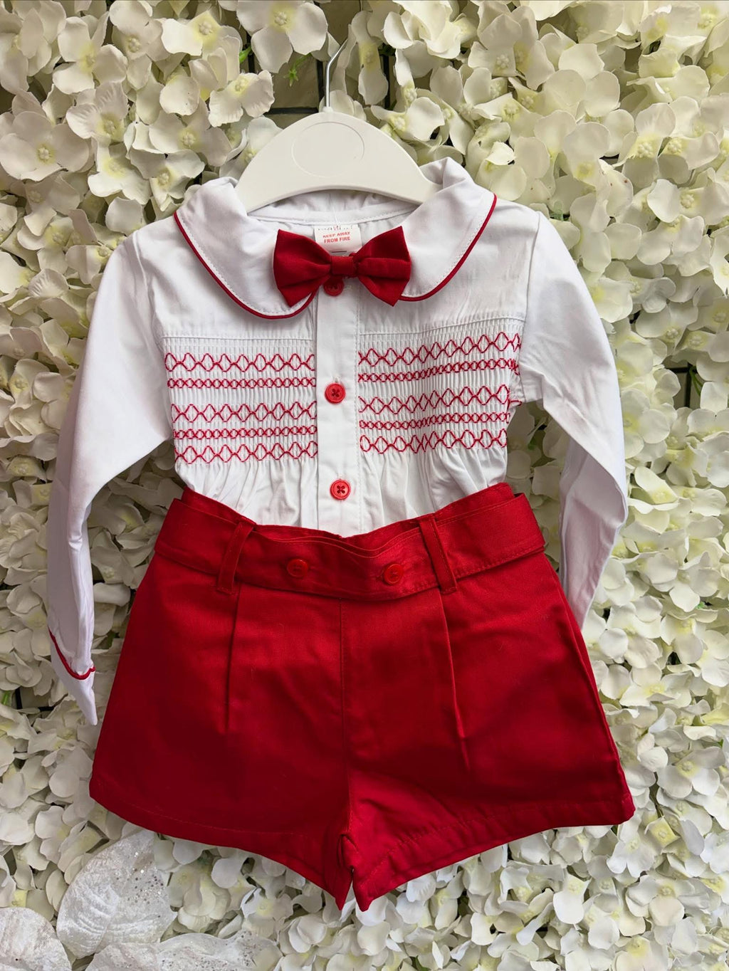 Mabini boys red smocked shorts set