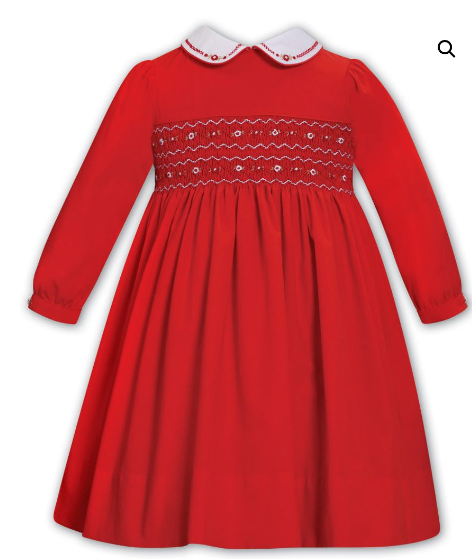 Sarah Louise red smocked dress 013797