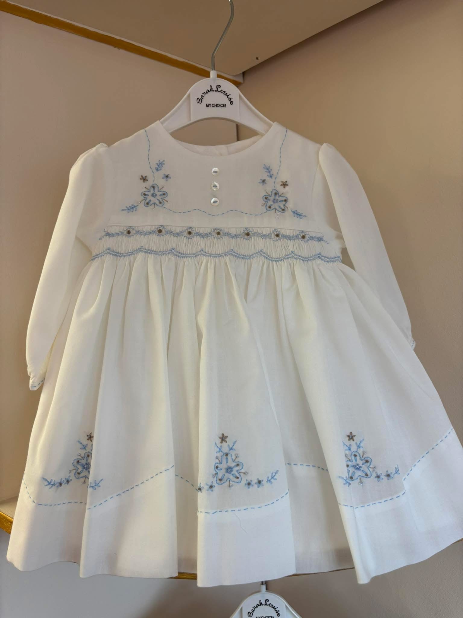 Sarah Louise hand smocked white & blue Elsa dress