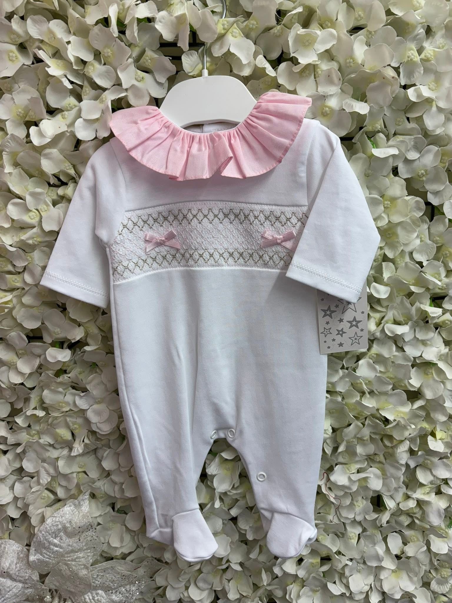 Little stars white smocked babygrow