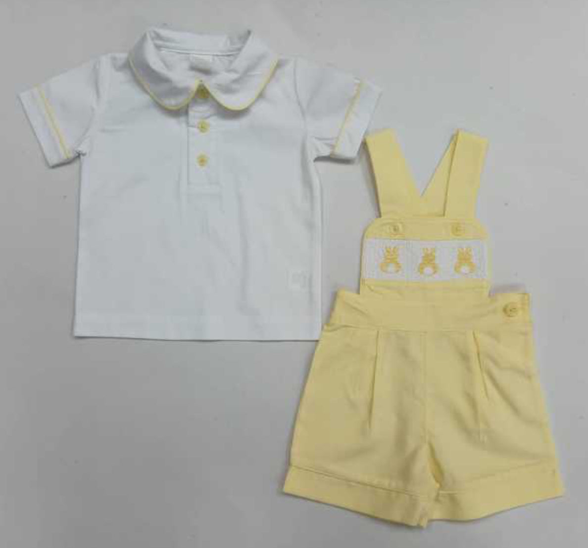 Mabini boys smocked bunny lemon romper