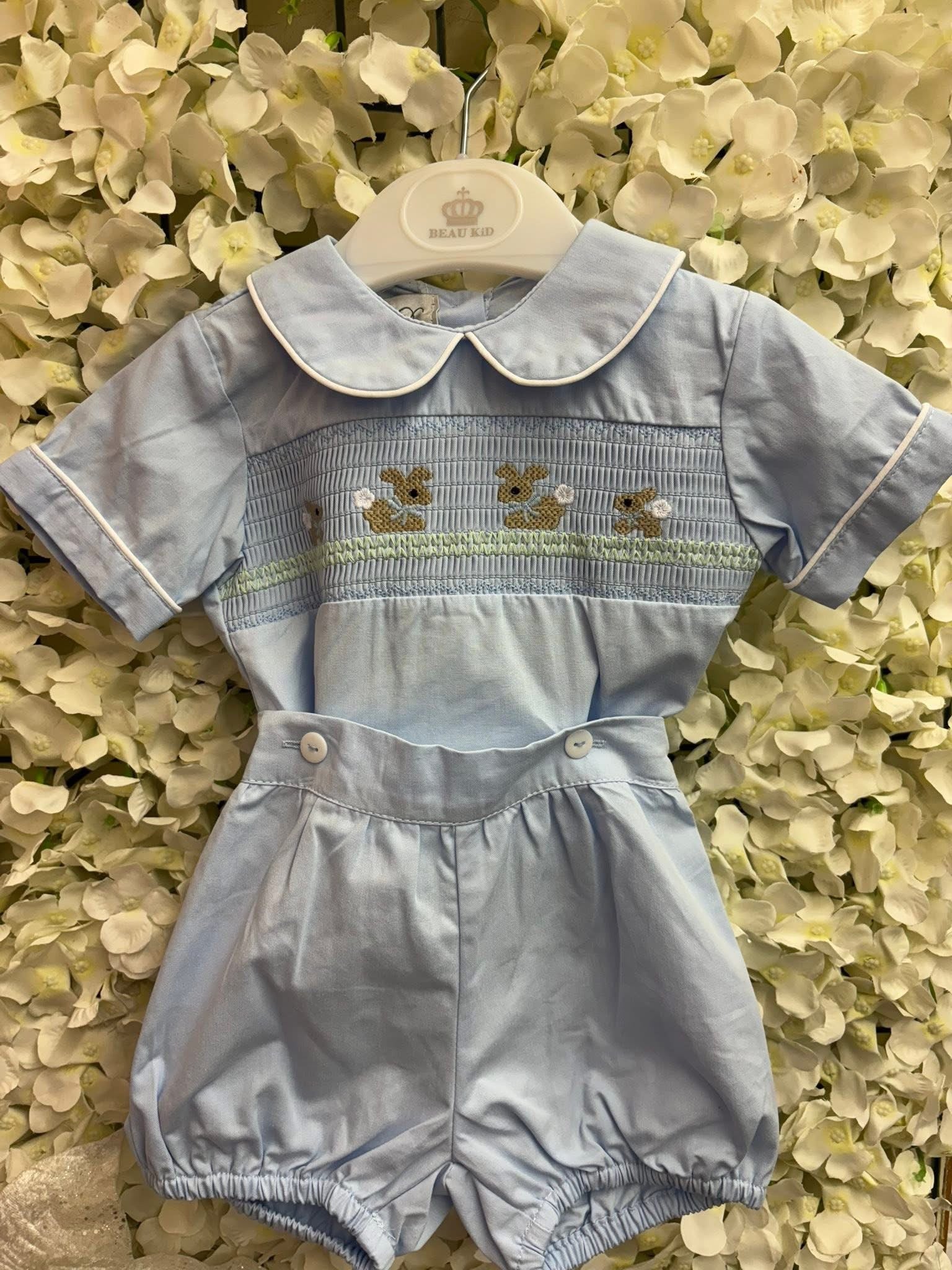 Beau kid baby boys blue smocked romper set