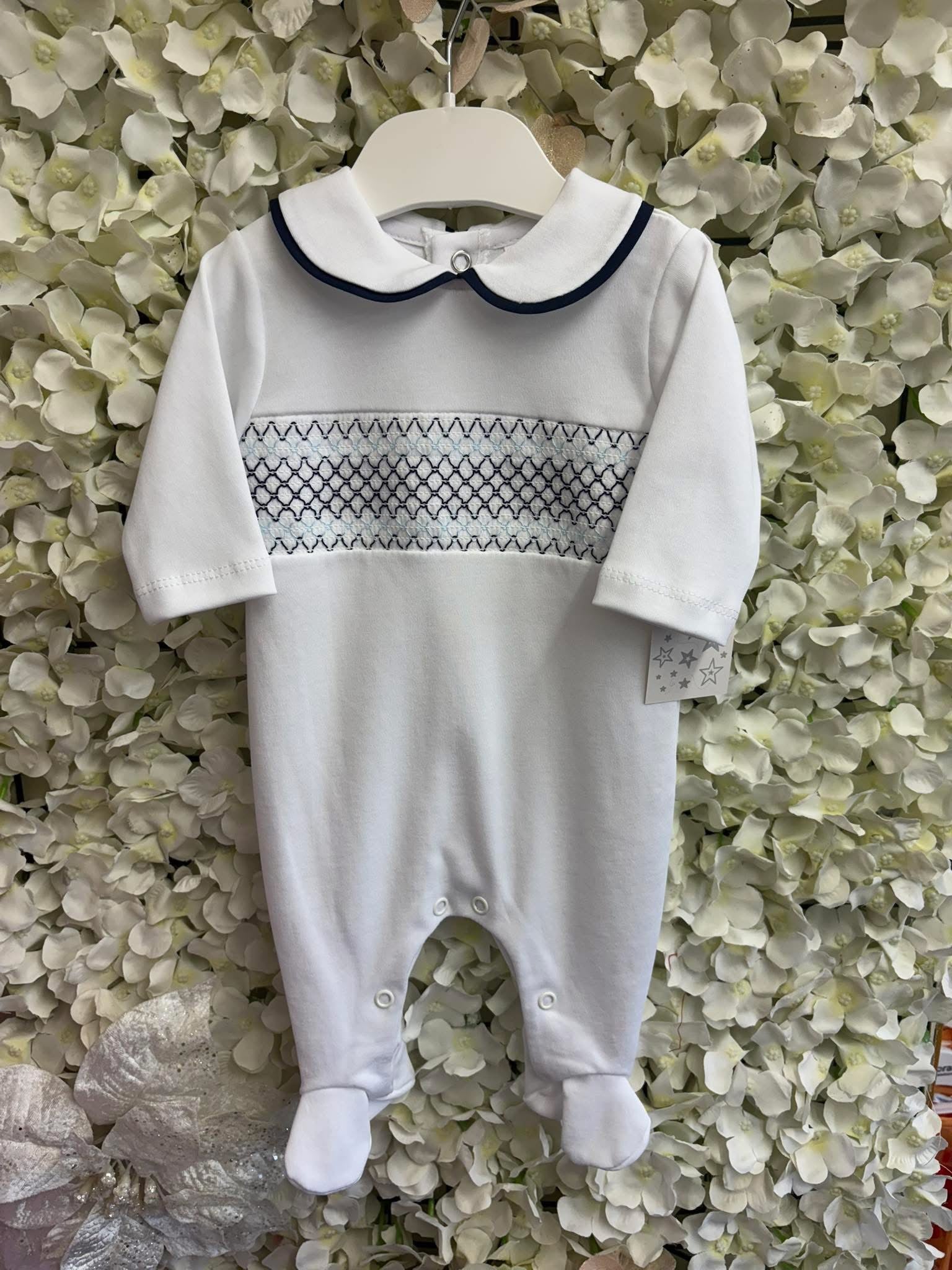 Little stars white & blue smocked baby boys babygrow