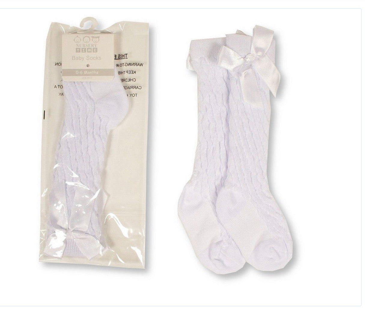 Nursery time girls knee high cable knit bow socks