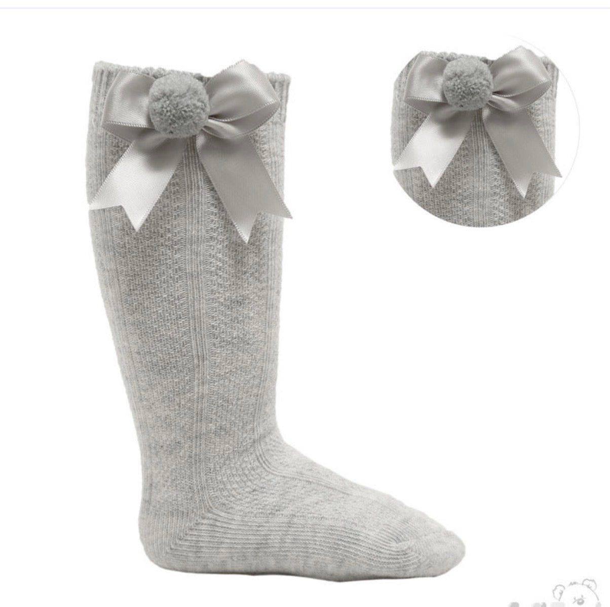 Soft touch baby girls grey pom pom bow sock