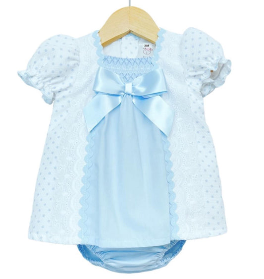 Weemee blue and white waffle dress and bloomers set