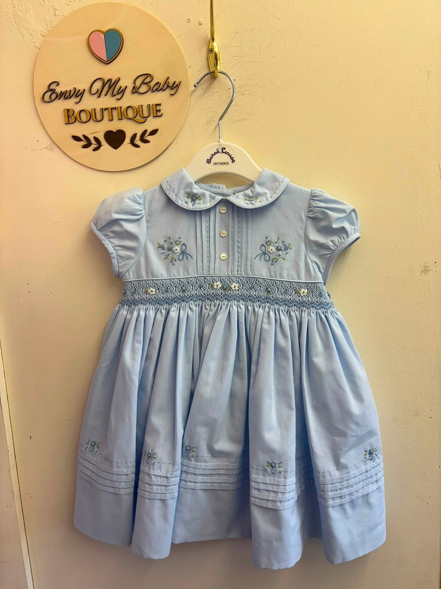 Pre order Sarah louise girls blue smocked dress C7500