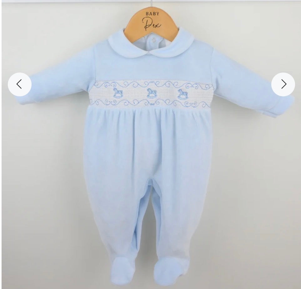 Pex rocking horse velour babygrows pink /blue