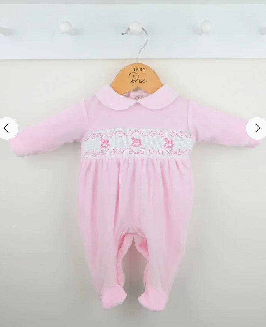 Pex rocking horse velour babygrows pink /blue