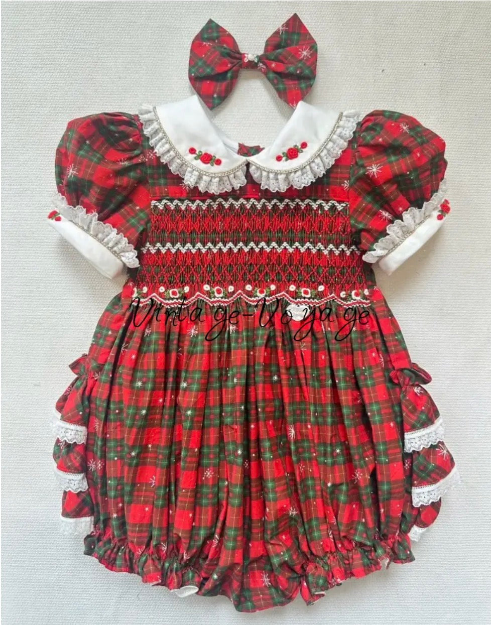 Vintage voyage baby girls  tartan smocked romper