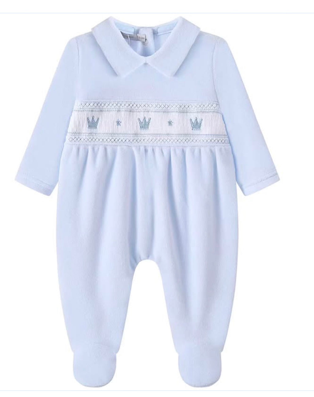 Little Dreams blue crown smocked babygrow