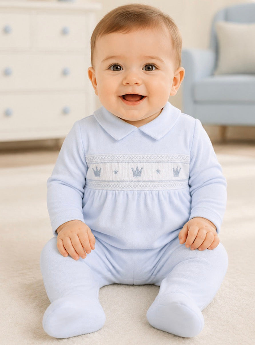 Little Dreams blue crown smocked babygrow