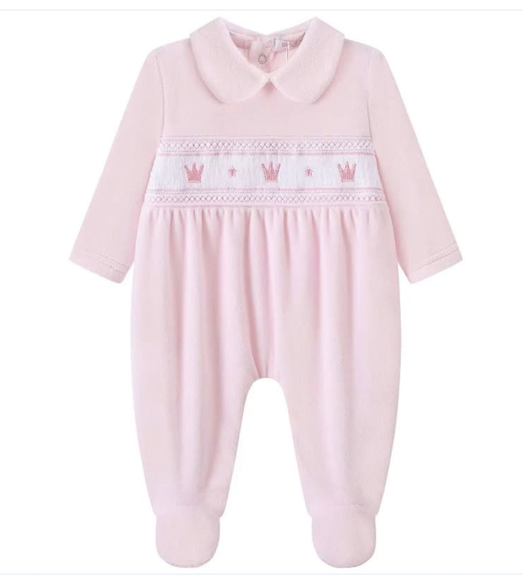 Little dreams baby girls smocked crown babygrow