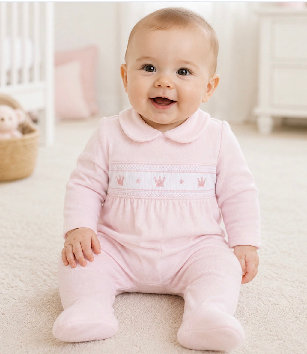 Little dreams baby girls smocked crown babygrow