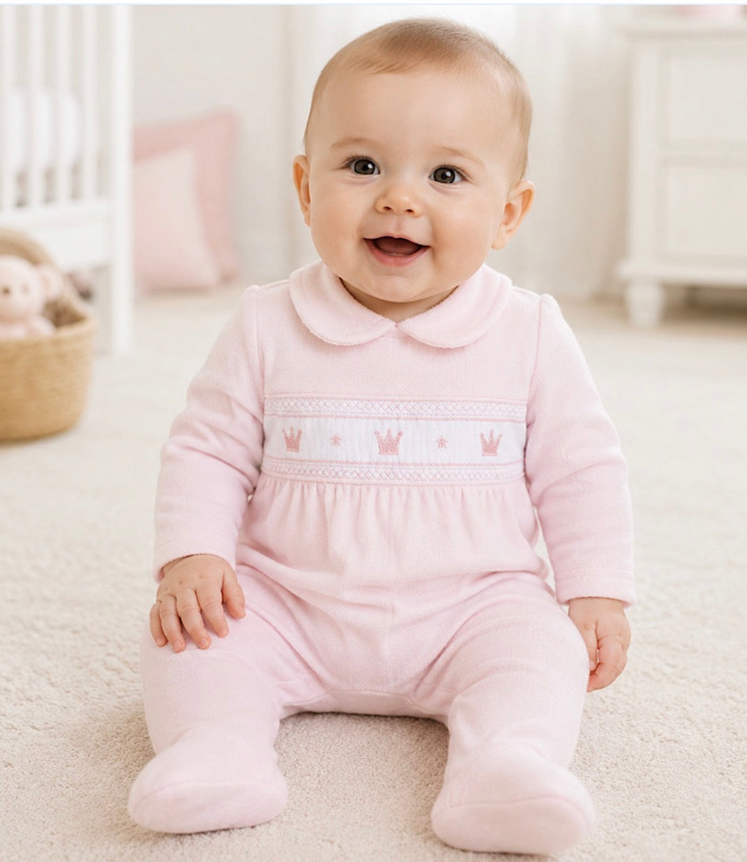 Little dreams baby girls smocked crown babygrow