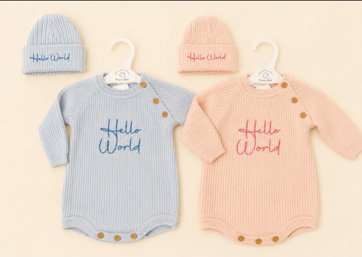 Baby pink /baby blue knitted romper & hat