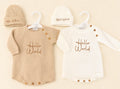 Neutral hello world knitted romper & hat