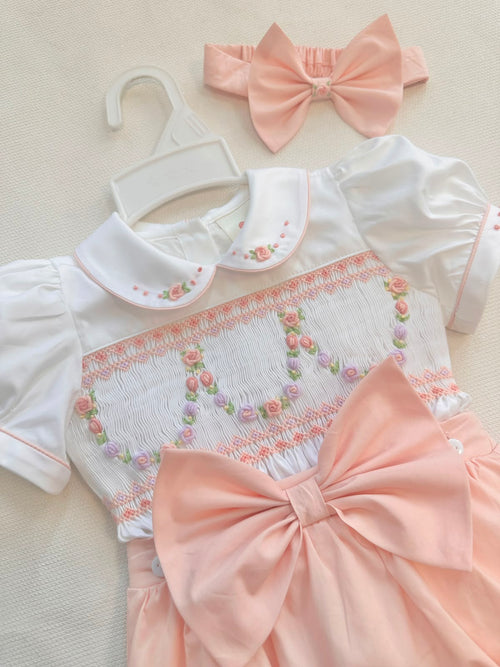 baby girls peach smocked jam pants set
